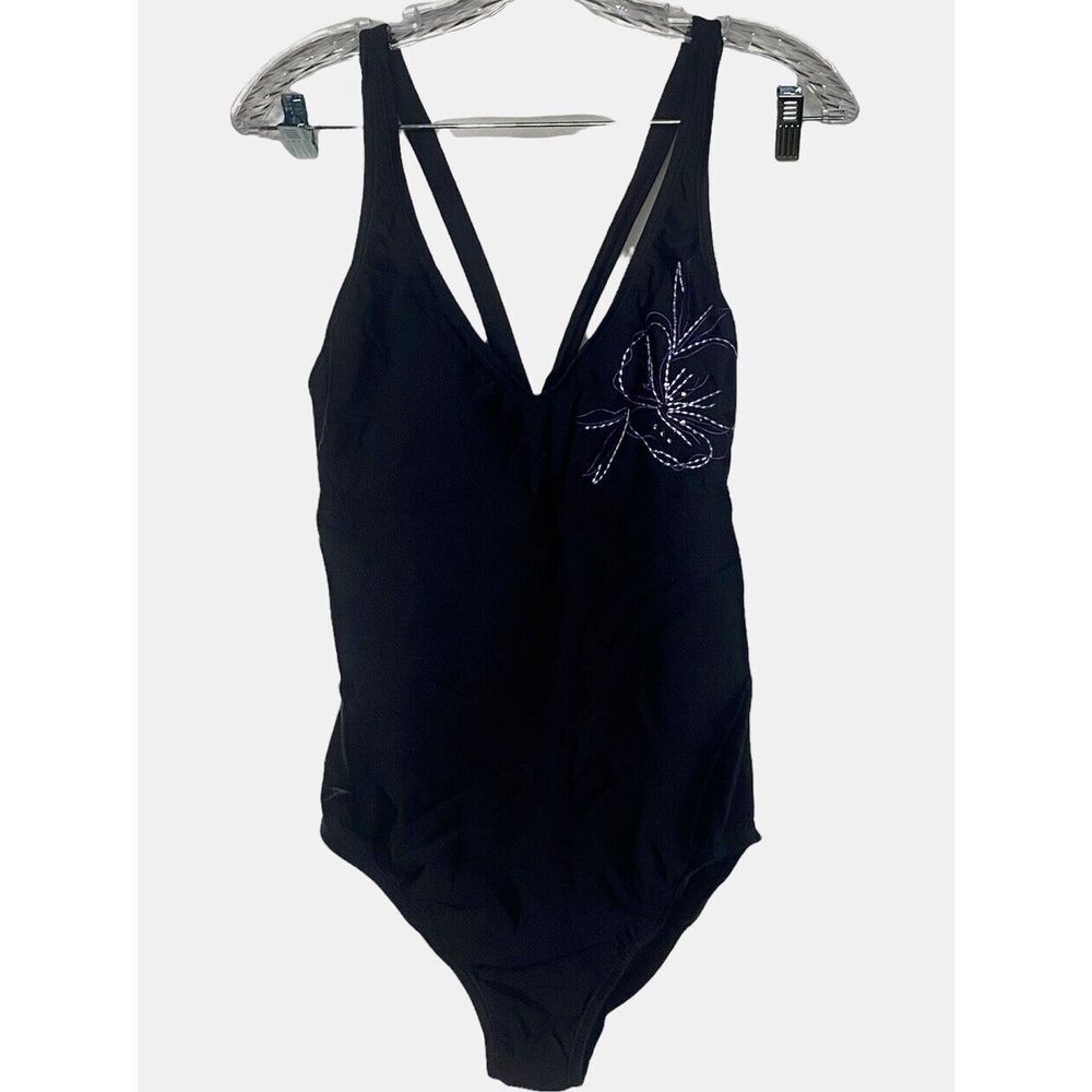 Speedo Ladies One Piece Swim Suit Sz 12 Sparkly Flower Black E‎